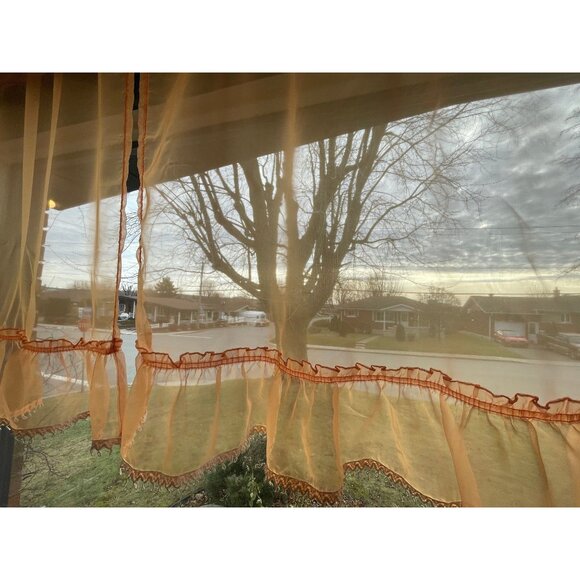 Vintage 70s curtains, orange sheer ruffled panels with cream lace, as a pair - Picture 3 of 10